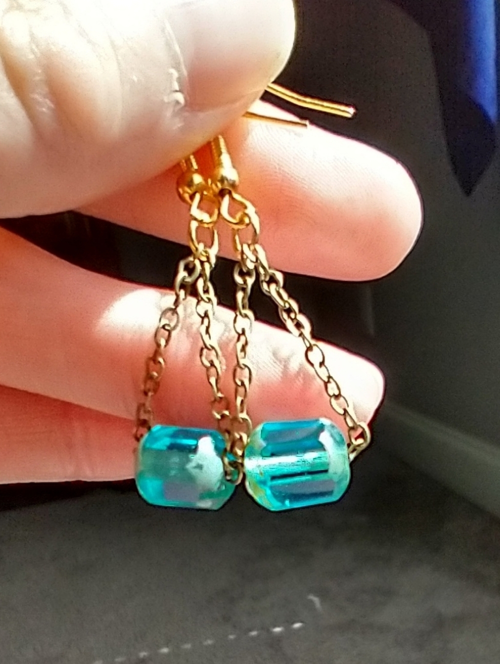 Hand Crafted • Gold Chain Drop Earrings with Aqua Acrylic Beads
